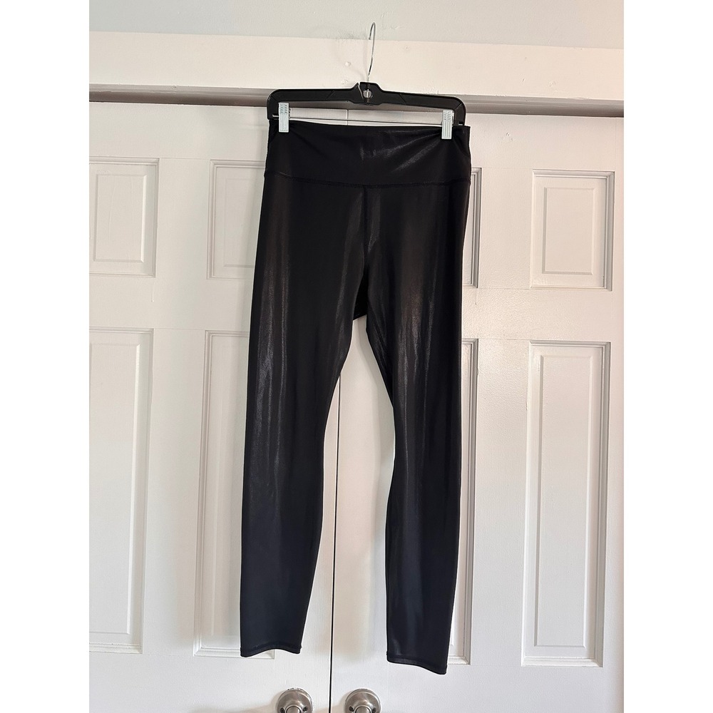 Fabletics Womens Black High Waisted Metallic Foil Liquid Leather Leggings‎ Large